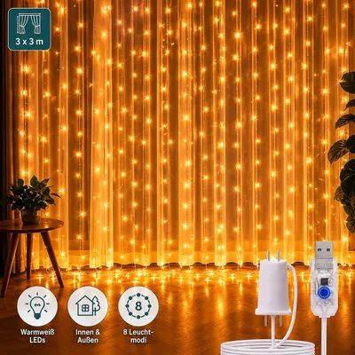 Produktbild von 3x3M 300 LED Lichterkette, Lichterkettenvorhang mit 8 Modi Fernbedienung, Lichterkette, USB Lichterketten Vorhang, E0006