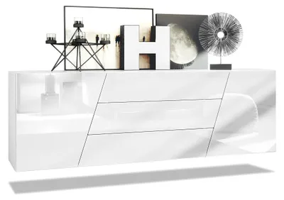 Produktbild von Sideboard Houston, hängende Kommode mit 2 Türen und 3 Schubladen, Korpus Weiß matt, Fronten Weiß Hochglanz (178 x 57,5 x 38,5 cm)