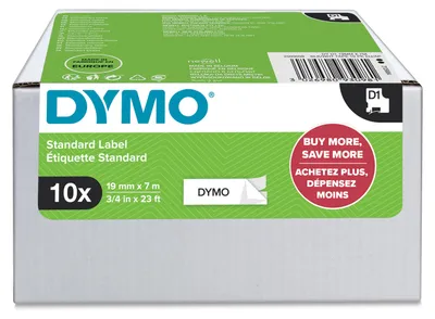 Produktbild von DYMO Original D1-Etikettenband VORTEILSPACK| schwarz auf weiß | 19 mm x 7 m | selbstklebendes Schriftband |Polyster | für LabelManager-Beschriftungsgerät | 10 D1 Schriftbandkassetten
