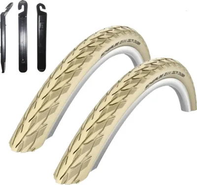 Zdjęcie produktu dla 2 x Pokrowiec na opony rowerowe Schwalbe Delta Cruiser Plus w kolorze kremowym z Reflex 37-590 (26 x 1 3/8) wraz z dźwigniami do opon