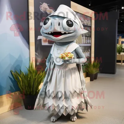 Produktbild von Grauer REDBROKOLY Fisch-Tacos Maskottchen Kostüm charakter bekleidet mit einem Maxikleid und Schnürsenkeln