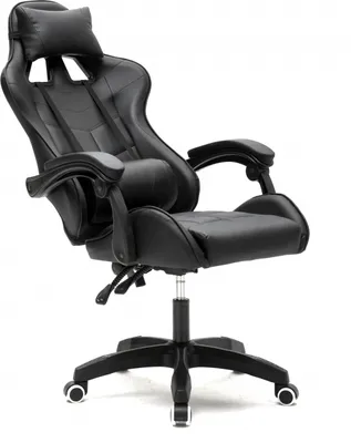A black gaming chair is shown against a white background.