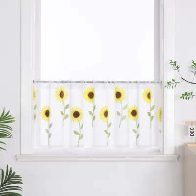 Produktbild von Joyswahl Scheibengardinen Bistrogardinen mit Tunnelzug Voile Küchengardinen mit Sonnenblume Stickerei Halbtransparent Weiß BxH 90x45cm