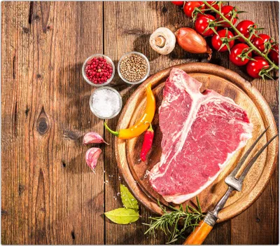Produktbild von Spritzschutz Herdabdeckplatte Schneidebrett aus Glas T-Bone Steak im Teller 1-Teilig (60x52cm)
