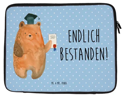 Produktbild von Mr. & Mrs. Panda Laptop Tasche Bär Prüfung 20 x 28 cm - Blau Pastell - Geschenk, Abschluss, Zeugnis, Notebook, Laptophülle, Hülle, Abschlusszeugnis, Bestanden, Abitur