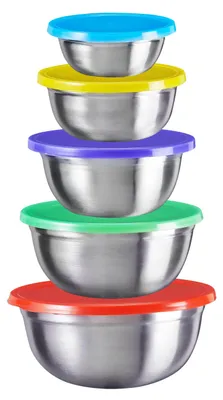 Produktbild von 5tlg. KING® Schüssel-Set FUNNY aus Edelstahl / 5 Schüsseln aus Edelstahl in den Größen ca. Ø12cm, Ø14cm, Ø16cm, Ø18cm & Ø20cm / Farben: Rot, Grün, Lila, Gelb, Blau