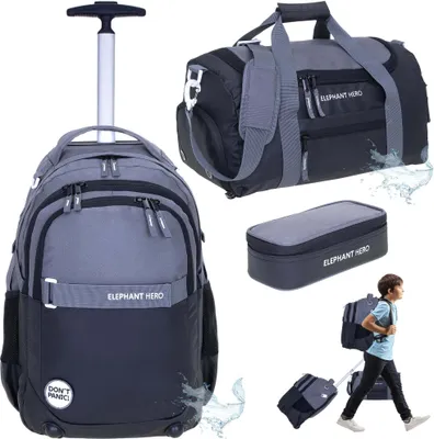 Produktbild von Schultrolley 3 Teile Set Elephant Hero Signature Trolley Rucksack Schultasche Trolly Sporttasche Mäppchen Box 13048 Color Block Schwarz Anthrazit tsm