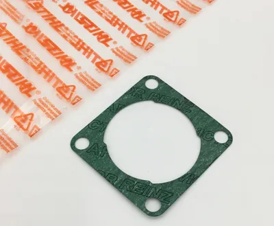 A green gasket with circular cutouts and four corner holes is shown on a white background. Several clear plastic packaging sleeves with orange text are visible in the upper left corner.