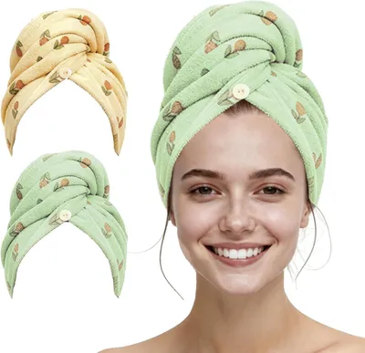 Produktbild von Mikrofaser-Haartücher mit Tulpenmuster – Haarturban für Damen und alle Haartypen, Gelb und Grün, 2 Stück