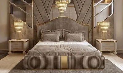 Obrázek produktu pro Casa Padrino ložnicová sestava ve stylu art deco šedá / bílá / zlatá - 1 manželská postel s čelem a 2 noční stolky - Art Deco nábytek do ložnice a hotelu - Luxury Collection