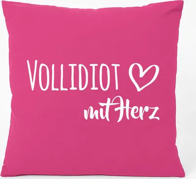 Produktbild von Huuraa Kissen Vollidiot mit Herz 40x40cm mit Füllung Fuchsia Baumwolle Dekokissen Geschenkidee
