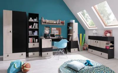 Produktbild von Jugendzimmer Kinderzimmer Komplett - Set E "Aalst", 6-teilig, Eiche / Creme / Schwarz