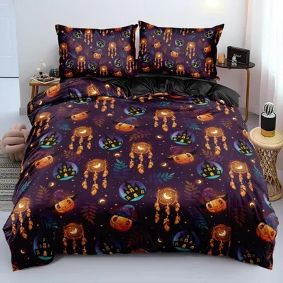 Produktbild von Bettwäsche-Set 135x200 cm 4-teilig Halloween Motiv Microfaser mit Reißverschluss 2 Kissenbezüge 80x80 cm