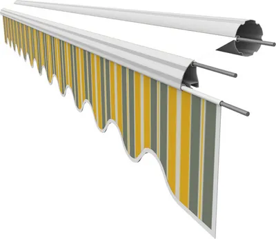 A striped awning fabric with a scalloped edge, shown partially unrolled from its housing.