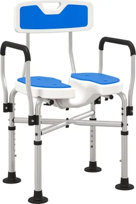 Image de Chaise de douche - Avec dossier et accoudoirs - Réglable en hauteur, antidérapante, siège avec écoulement, capacité de charge 136 kg, 53 × 41,5 × 91,5 cm - Bleu