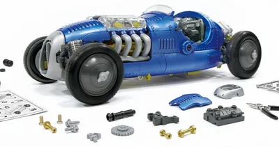 Image de Kit de construction Velleman « Voiture de course rétro bleue » avec moteur V8 transparent et pistons mobiles,