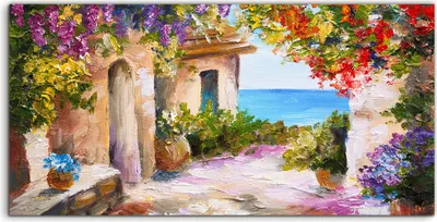 Produktbild von Coloray - Glasbild - 120x60 cm - Wandbild - Glasbilder - Blumig Haus am Meer bunt Blumen Sommer