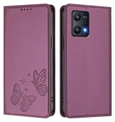 Produktbild von Lederhülle für Realme 9 Pro 5G, Schmetterling Prägung Leder Brieftasche Schutzhülle mit Ständer Lila