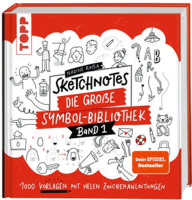 A book cover for "Sketchnotes. Die große Symbol-Bibliothek. Band 1" with various hand-drawn illustrations.