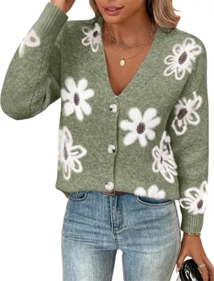 Produktbild von ASKSA Damen Strickjacke V-Ausschnitt Langarm Lose Blumenmuster Knopf Offene Cardigan Strickpullover (Gruen,L)