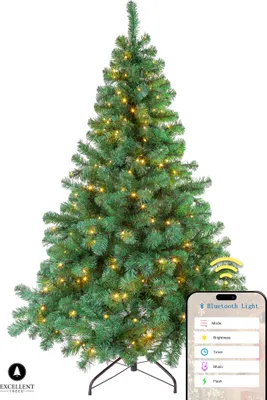 A green artificial Christmas tree with LED lights, shown with a smartphone app interface for controlling the lights.
