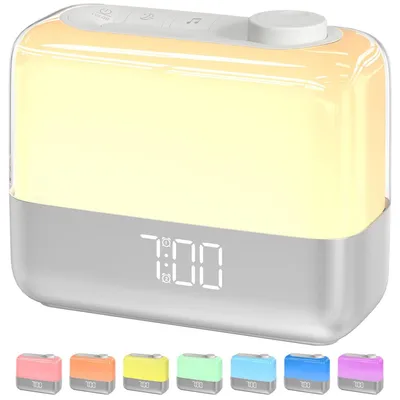 A sunrise alarm clock with a digital display and multiple color options shown below.