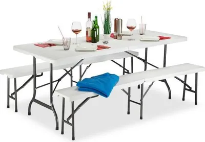 Produktbild von Klappbares Gartenmöbelset weiß wetterbeständig aus Kunststoff und Metall 97.5x80.5cm