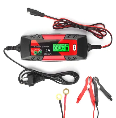 Obrázek produktu pro Nabíječka a servisní zařízení pro autobaterie, 6 V/12 V, 4 Ampéry, inteligentní, automatická, s LCD displejem, pro opravu baterií pomocí pulzního proudu, vhodné pro automobily, motocykly, lodě a další, s EU zástrčkou