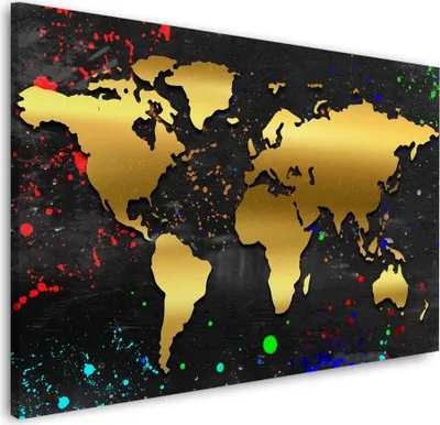 Produktbild von Goldene Weltkarte Landkarte Wandbild Leinwandbild Kunstdruck XL Wanddeko: 90x60x4cm