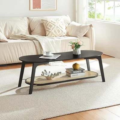 Produktbild von Couchtisch Taivalkoski Wohnzimmertisch mit Stauraum Bambus 120 x 43 x 40 cm Beistelltisch mit unterer Ablage Sofatisch oval Schwarz/Rattanoptik