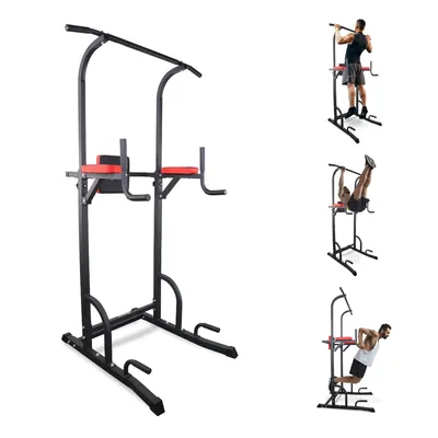 A multi-station workout tower with multiple inset images showing people using it for different exercises.