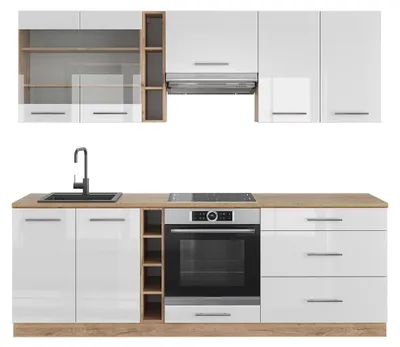 Produktbild von Küchenzeile Vicco Fame-Line Weiß Hochglanz/Goldkraft Eiche 235 cm ohne Arbeitsplatte, Model 38753