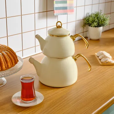 Produktbild von Retro Emaille Teekannen Set, Creme Induktionsgeeignet Emaillebeschichtung Teekanne Teekocher Teesieb Wasserkocher