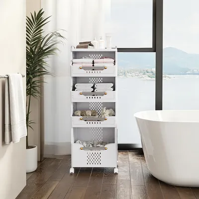 Image de Chariot à linge à 4 niveaux, grande capacité, avec poignée coulissante, paniers, idéal pour la cuisine, la salle de bain ou la buanderie