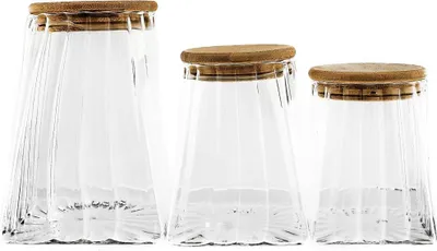 Produktbild von Elegante Vorratsbehälter aus Borosilikatglas 3er Set mit luftdichtem Holzdeckel