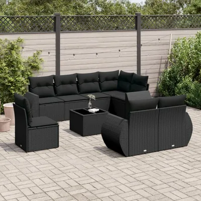 Produktbild von Design 9-tlg. Garten-Sofagarnitur mit Kissen Schwarz Poly Rattan, Gartenmöbel-Sets 2024 Neu