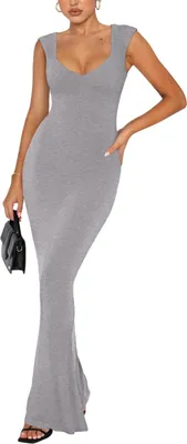 Zdjęcie produktu dla REORIA Elegancka sukienka maxi z prążkowanym materiałem, podkreślająca sylwetkę, z krótkim rękawem, szara, rozmiar S
