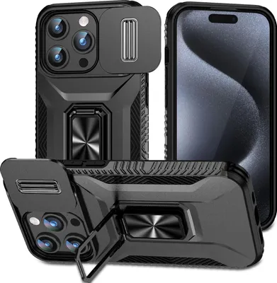 Produktbild von Handyhülle für iPhone 15 Pro Dual Layer Hülle mit Schiebe Kamera Schutz und Ringhalter Ständer Schwarz