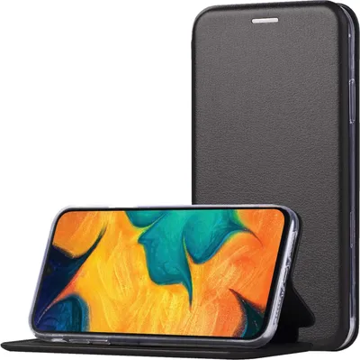 A black flip case for a smartphone is shown standing upright, with the phone inside displaying its screen.