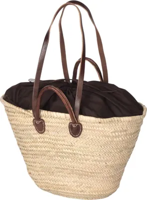 Produktbild von Neustanlo - Strandtasche Ibiza aus Palmblatt Natur oval - mit Stoffzug Braun - Einkaufstasche Einkaufskorb