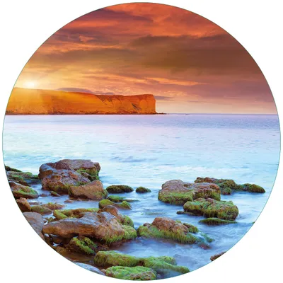 Produktbild von Wallario Premium Glasbild, freischwebende Optik, kräftige Farben, rund 50cm Durchmesser, Motiv Sonnenaufgang am Meer mit Landzunge und Felsen im Wasser