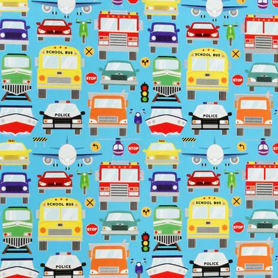 Produktbild von Geschenkpapier Fahrzeuge Motiv 70cm x 2m Rolle Blau / Bunt