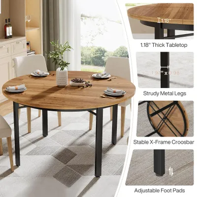 Image de Table de salle à manger ronde - 118,5 cm - Table de cuisine - Style cottage rustique - Plateau en aggloméré - Pieds en métal - Pour 4 personnes - Marron noir