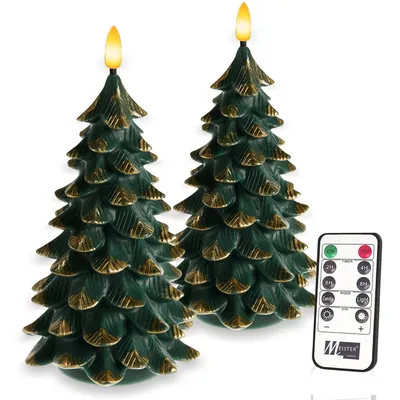Produktbild von Meisterhome® LED Kerzen Weihnachtsbaum 2er-Set – LED Kerzen - Flammenlose Echtwachskerzen im Tannenbaum-Design – 12×12×19 cm – Warmweißes flackerndes Licht – Mit Timer & Fernbedienung – Batteriebetrieben – Weihnachtsdeko