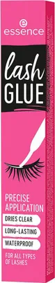 A pink box for Essence Lash Glue, showing the brand logo, product name, and key features.