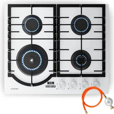 Image de Klarstein Ignito Plaque de Cuisson Gaz, 4 Brûleurs Aluminium, 8000W, Minuterie, Sécurité Flamme, Fonte, Allumage Électrique, 60x51cm, Plaque Gaz GPL & Naturel, Blanc