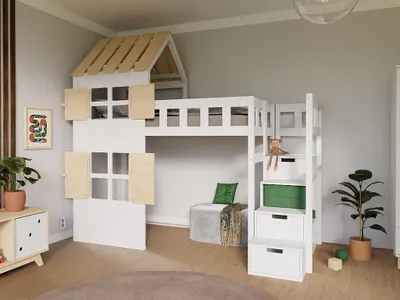 Produktbild von Erhöhtes Bett HÜTTCHEN mit halbem Dach und Treppen mit Stauraum 90x200 cm – Weiß mit transparent lackierten Elementen – Links