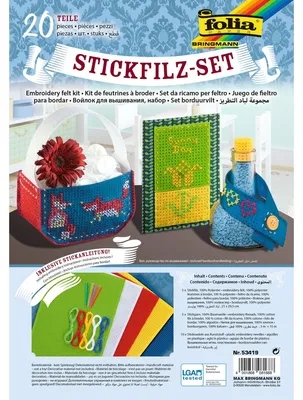 Produktbild von Stickfilz Set 20 Teile, Inhalt 5 Blatt, 5 Garne, 10 Sticknadeln, Folia