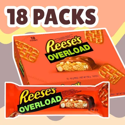 Productafbeelding van 18 stuks Reese's Overload repen – Pindakaas, pretzels en karamel, 18 x 42 gram
