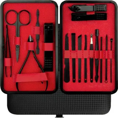 Image de set de manucure noir et rouge de 16 pièces